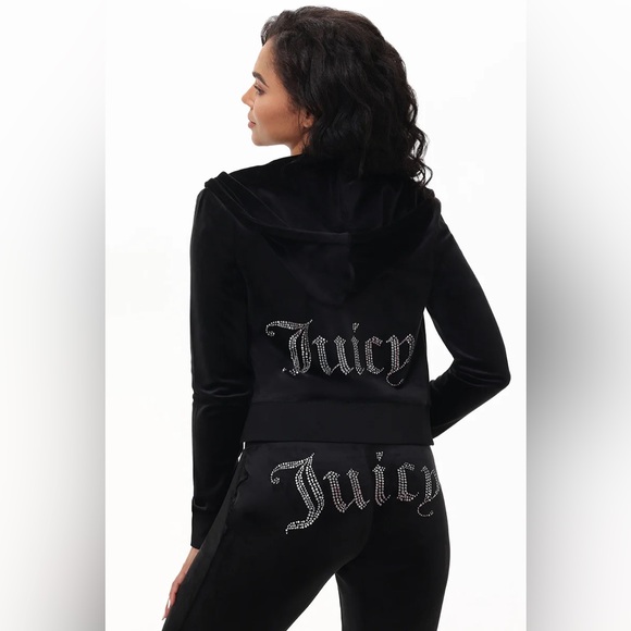 Juicy Couture Black Velour Hoodie and Pants Set with Sparkling Logo - Picture 1 of 4